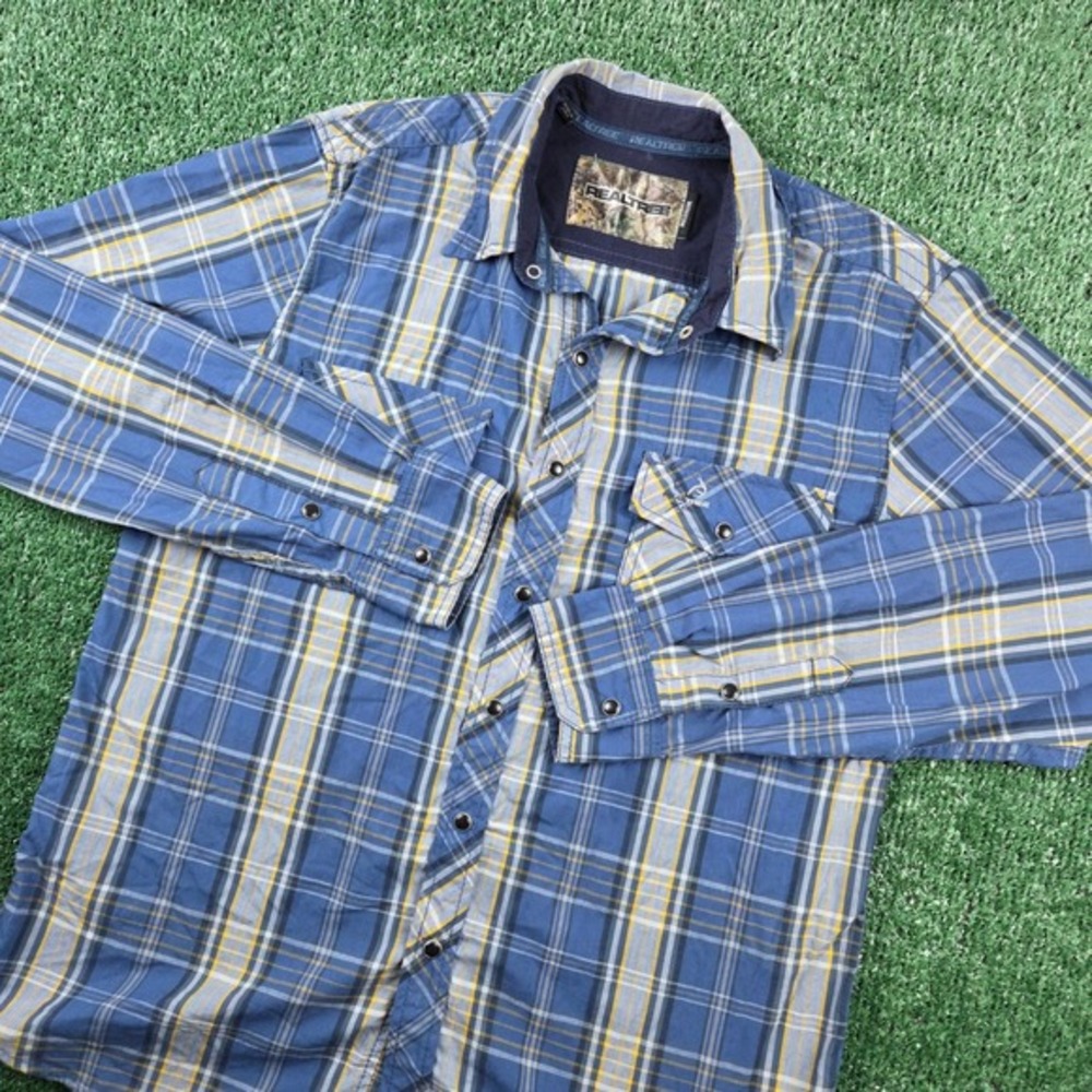 Realtree Mens Blue Yellow Plaid Pearl Snap Western Shirt Long Sleeve Medium